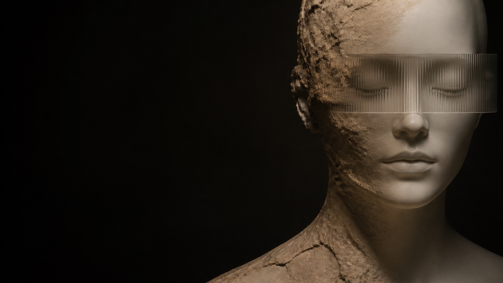 A humanoid head, one half raw stone and the other a finished pale face with closed eyes, a band of ribbed glass across them.